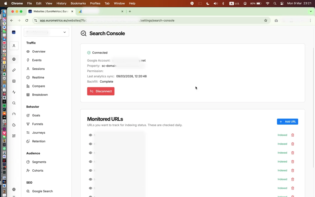 Search Console Settings & Monitored URLs