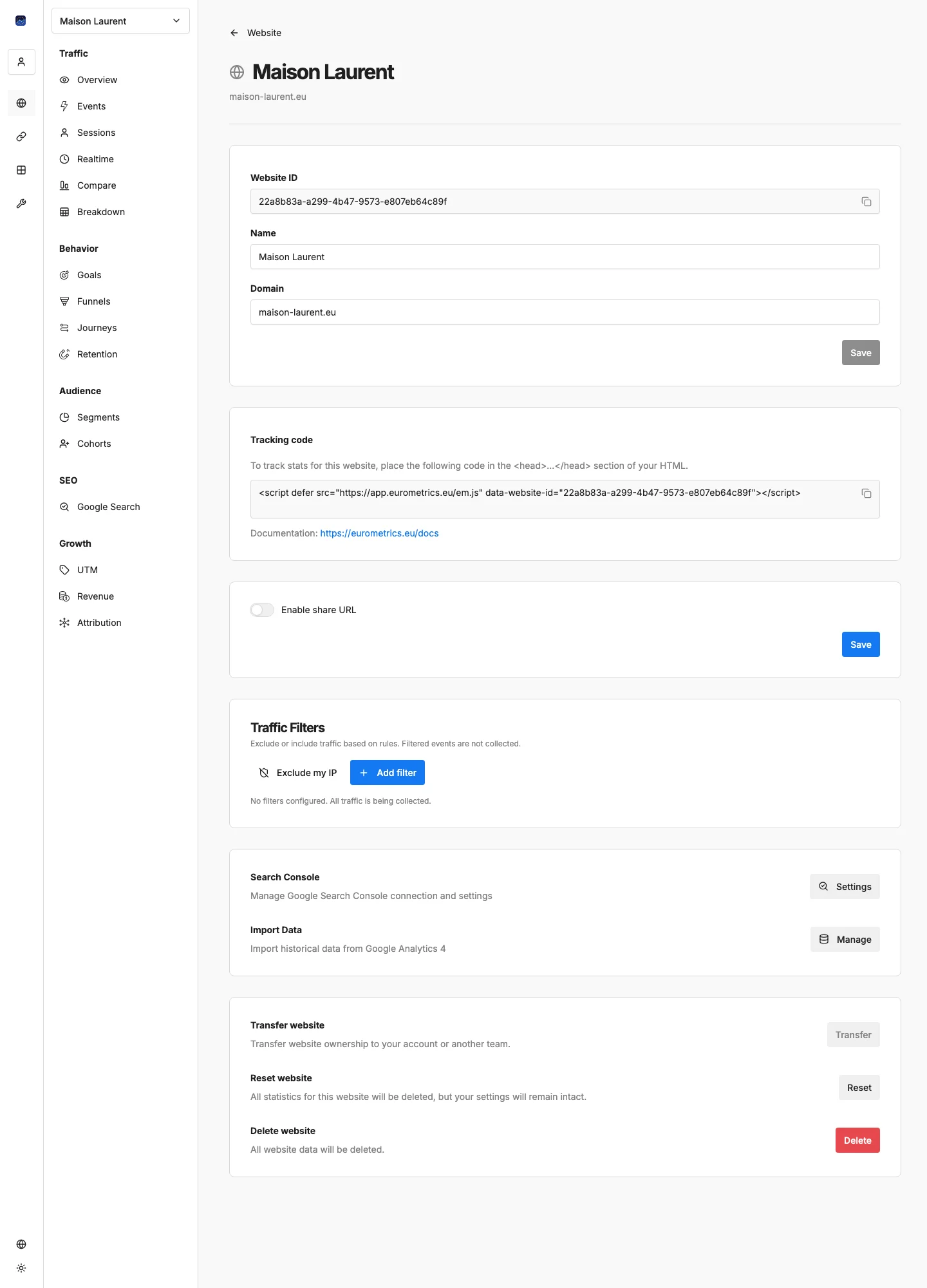 Website-Einstellungen mit Tracking-Code