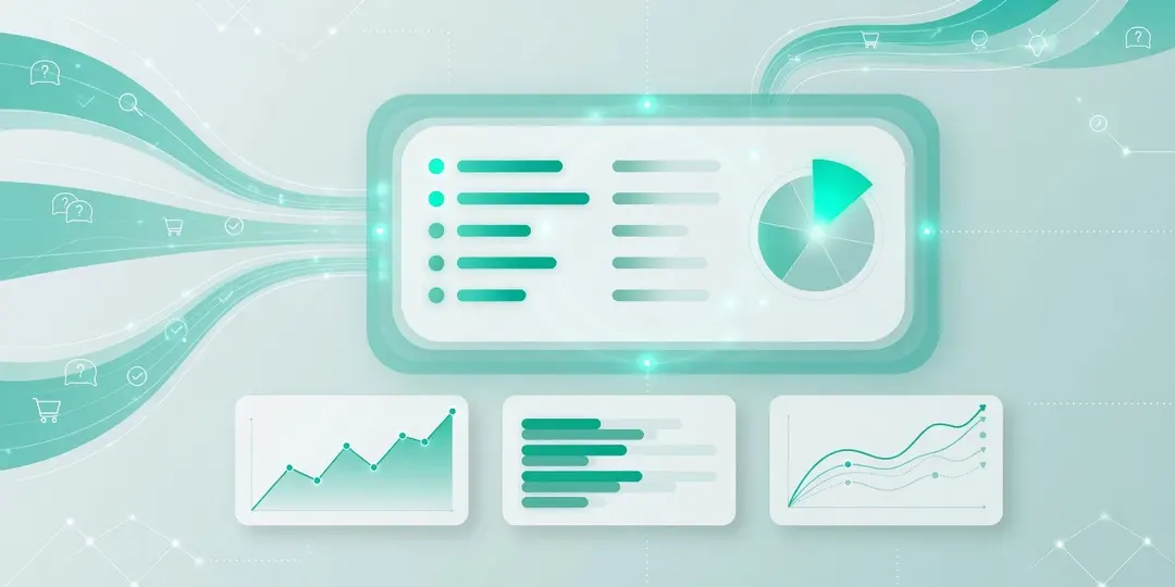 Buyer questions flowing into an AI answer that ranks brand mentions, with trend and comparison charts below.